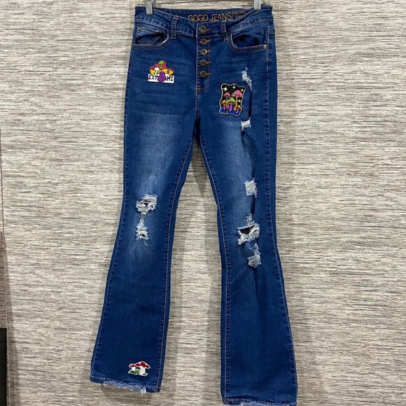 🔥 Custom GOGO Flare Jeans – Distressed & Patchwork Streetwear Statement Denim - Picture 1 of 12